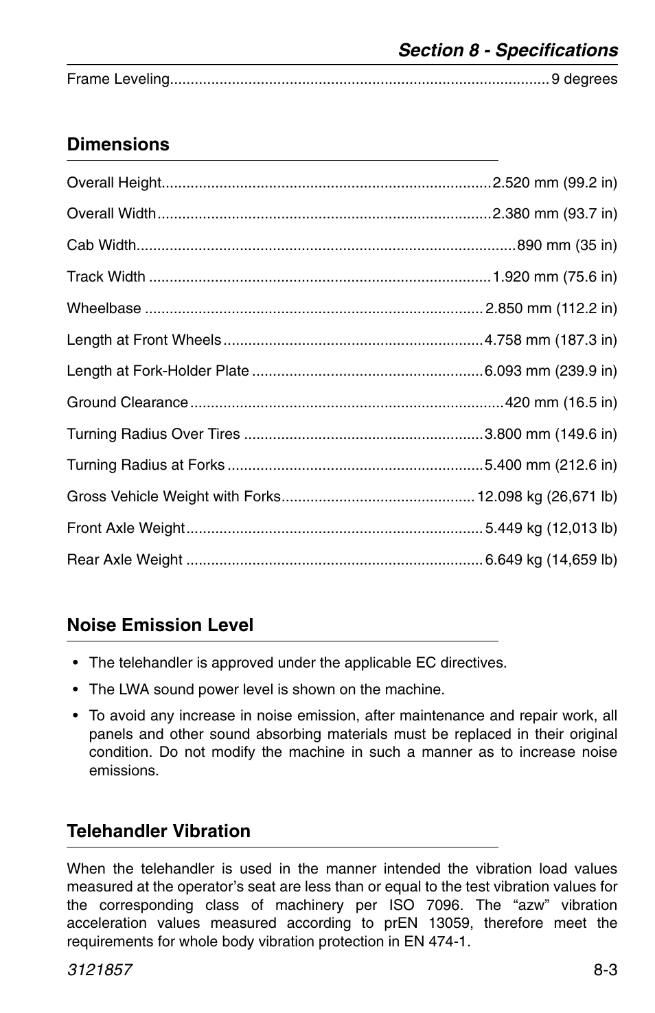 Dimensions, Noise emission level, Telehandler vibration | JLG 4017 Operator Manual User Manual | Page 115 / 120