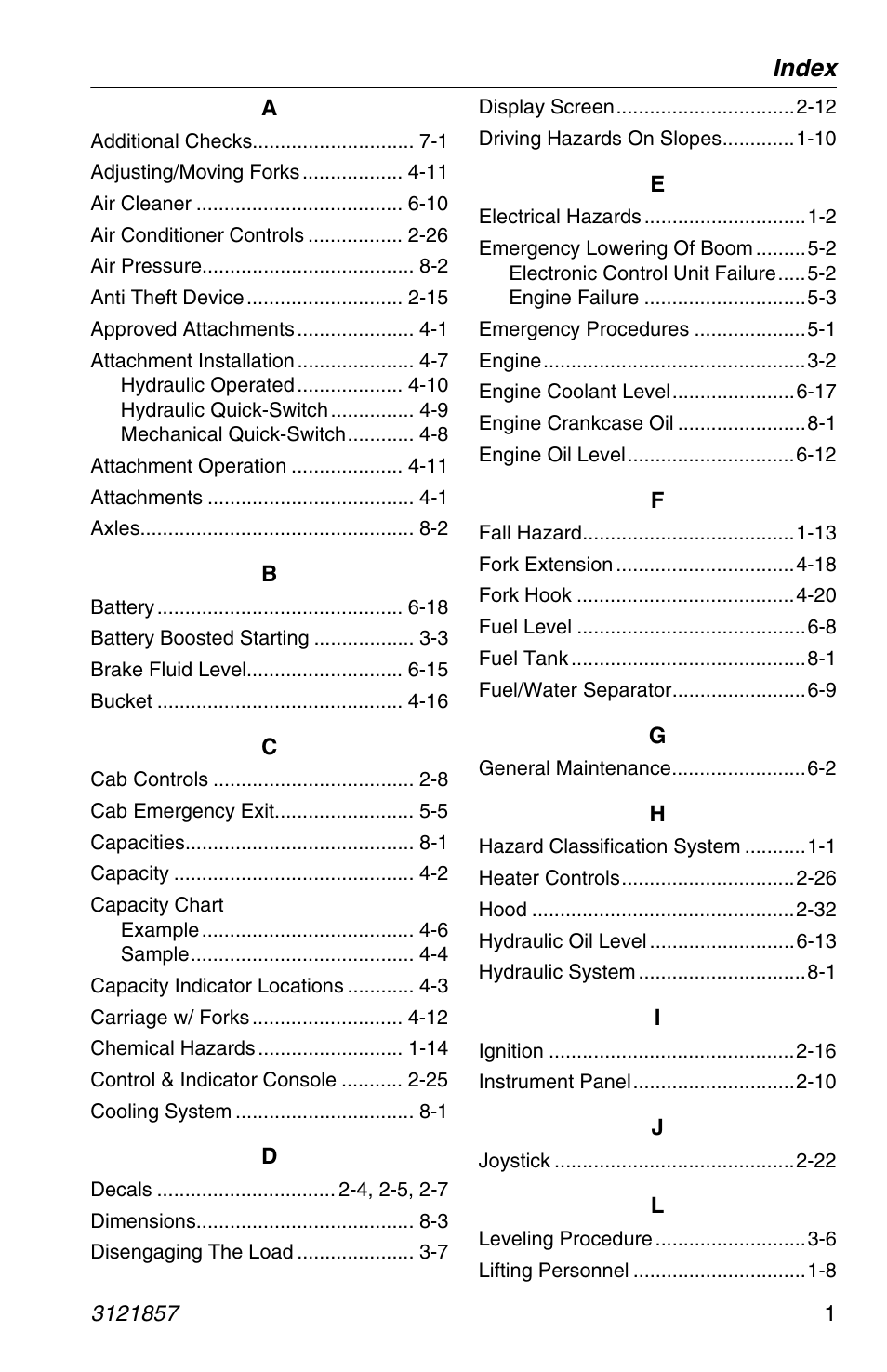 Index | JLG 4017 Operator Manual User Manual | Page 117 / 120