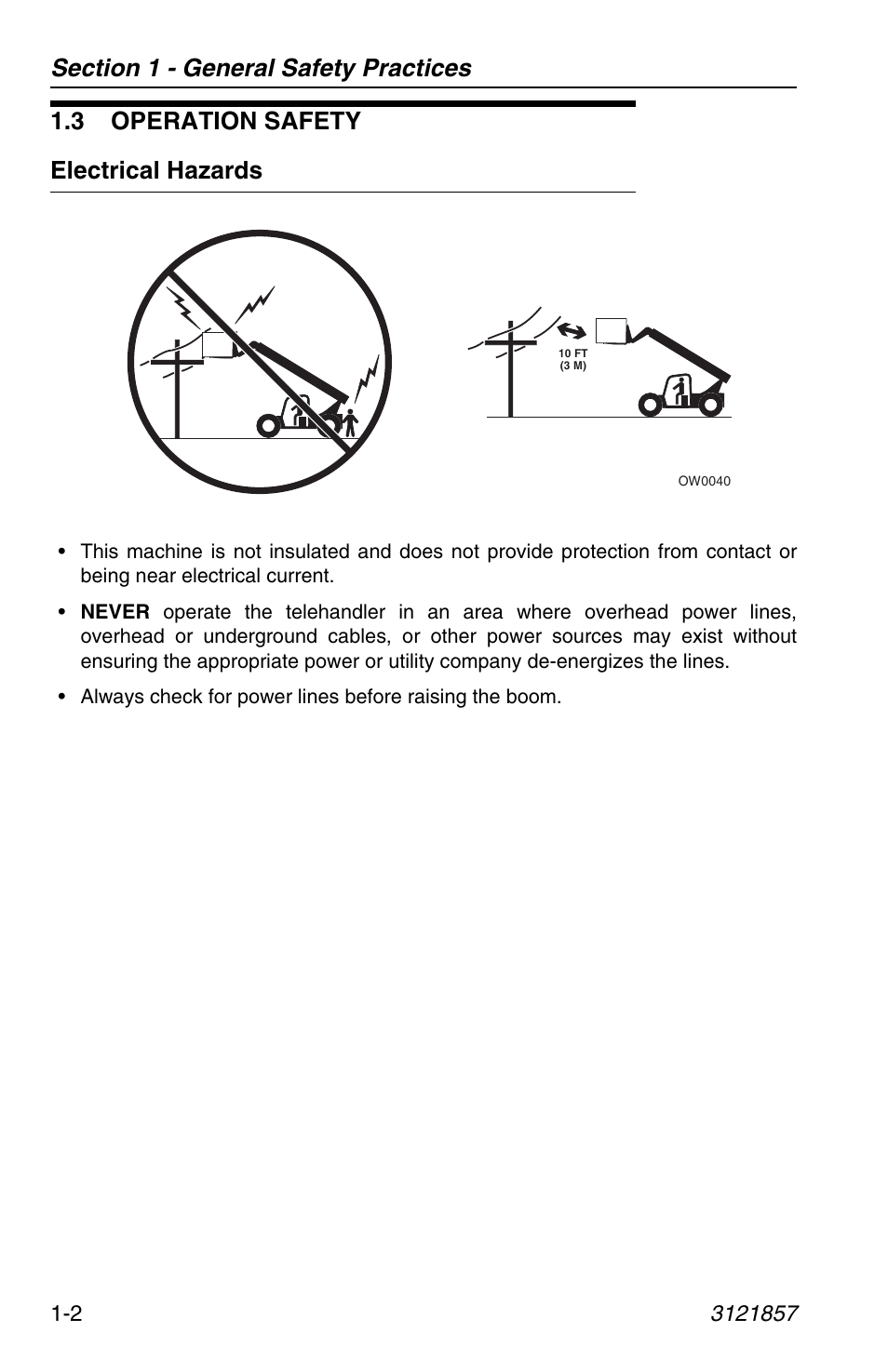3 operation safety, Electrical hazards, 3 operation safety -2 | Electrical hazards -2, 3 operation safety electrical hazards | JLG 4017 Operator Manual User Manual | Page 12 / 120