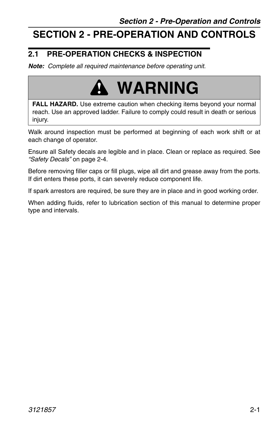 Section 2 - pre-operation and controls, 1 pre-operation checks & inspection, 1 pre-operation checks & inspection -1 | Warning | JLG 4017 Operator Manual User Manual | Page 25 / 120