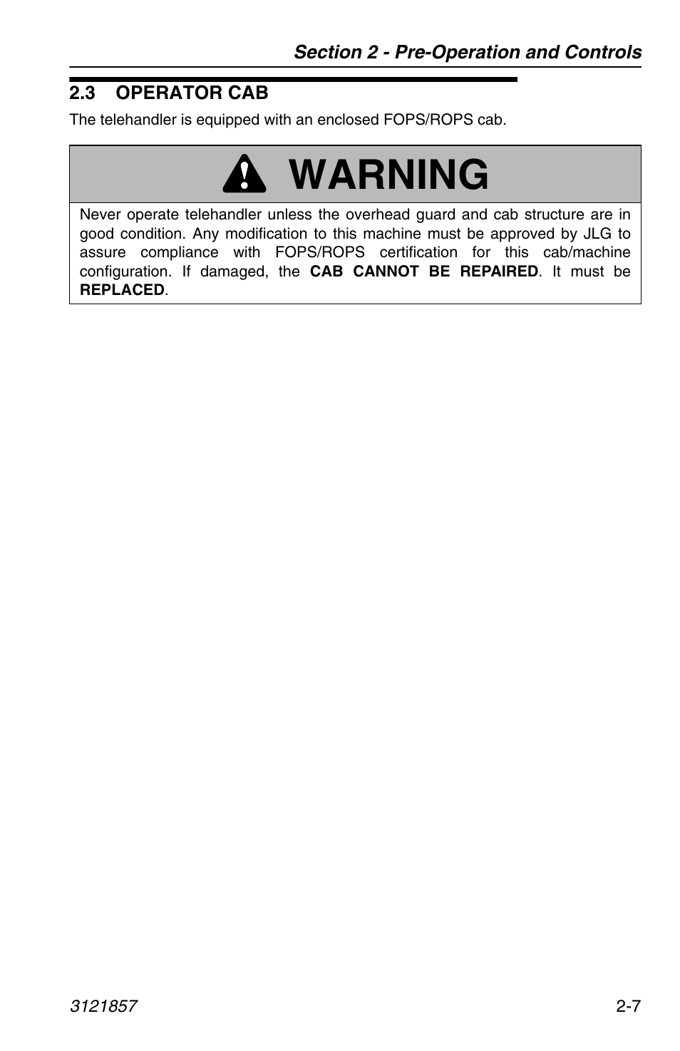 3 operator cab, 3 operator cab -7, Warning | JLG 4017 Operator Manual User Manual | Page 31 / 120