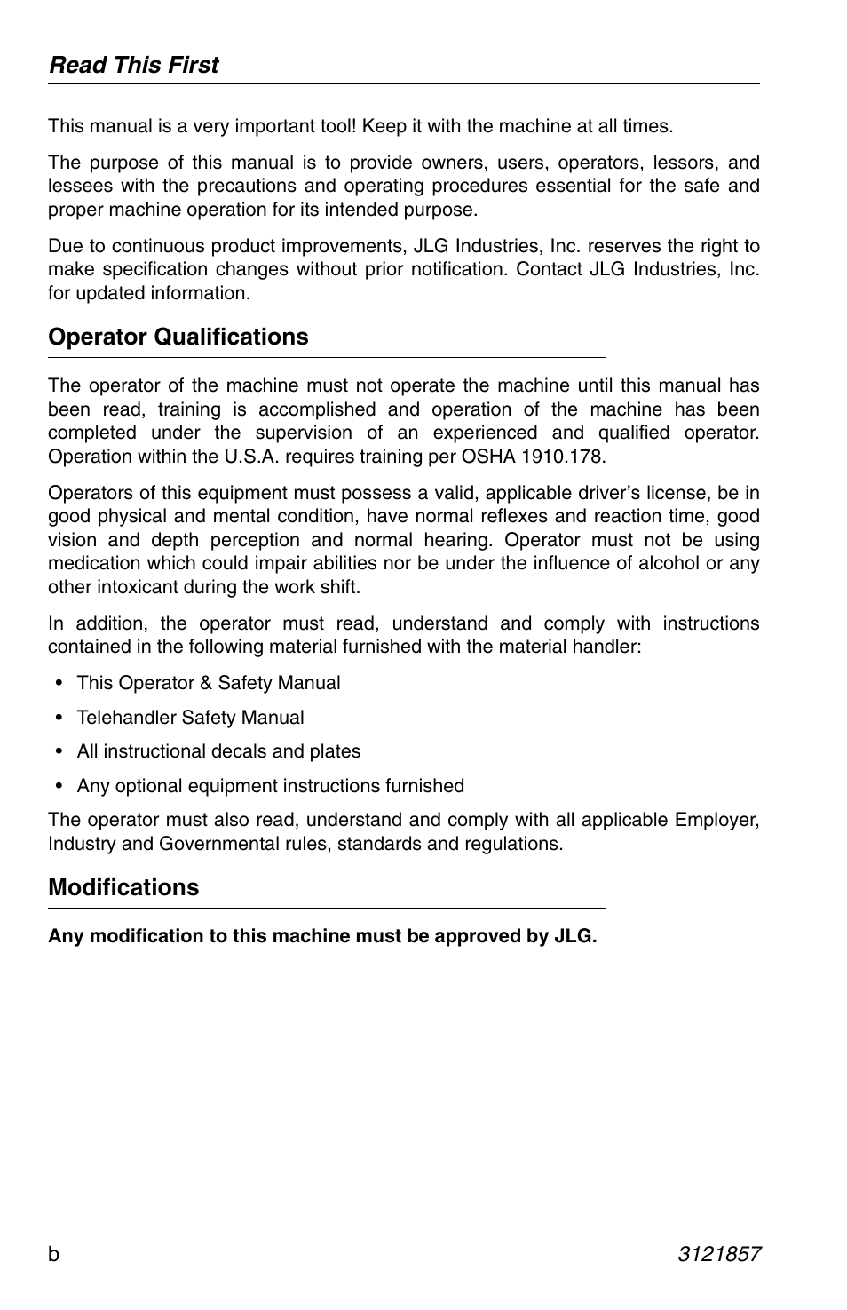 Read this first, Operator qualifications, Modifications | JLG 4017 Operator Manual User Manual | Page 4 / 120