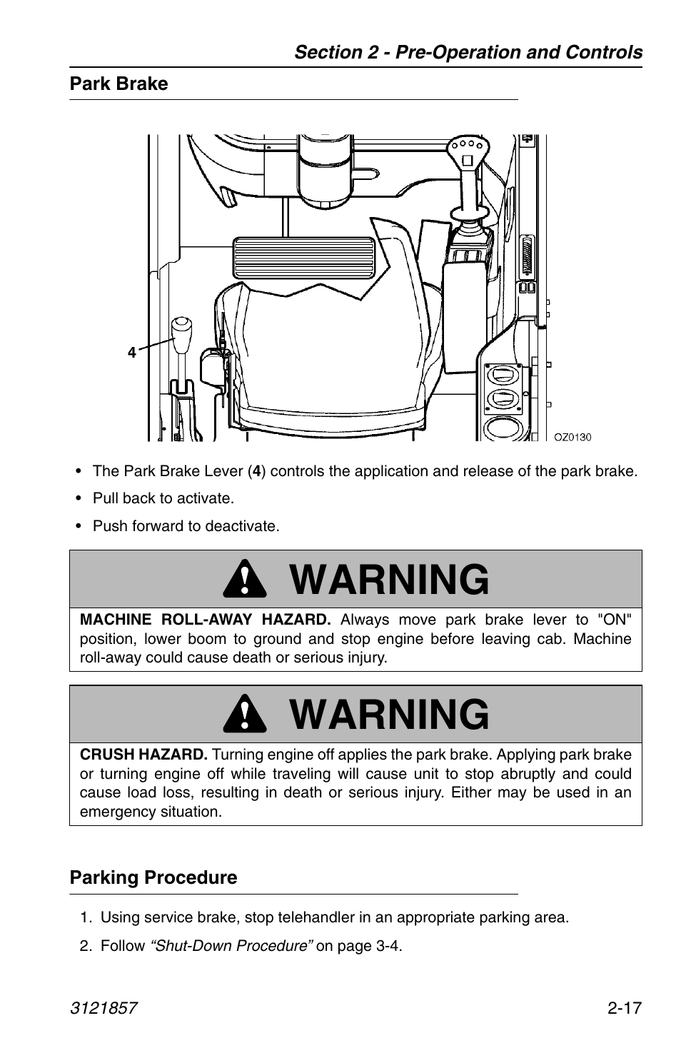Park brake, Parking procedure, Park brake -17 parking procedure -17 | Warning | JLG 4017 Operator Manual User Manual | Page 41 / 120