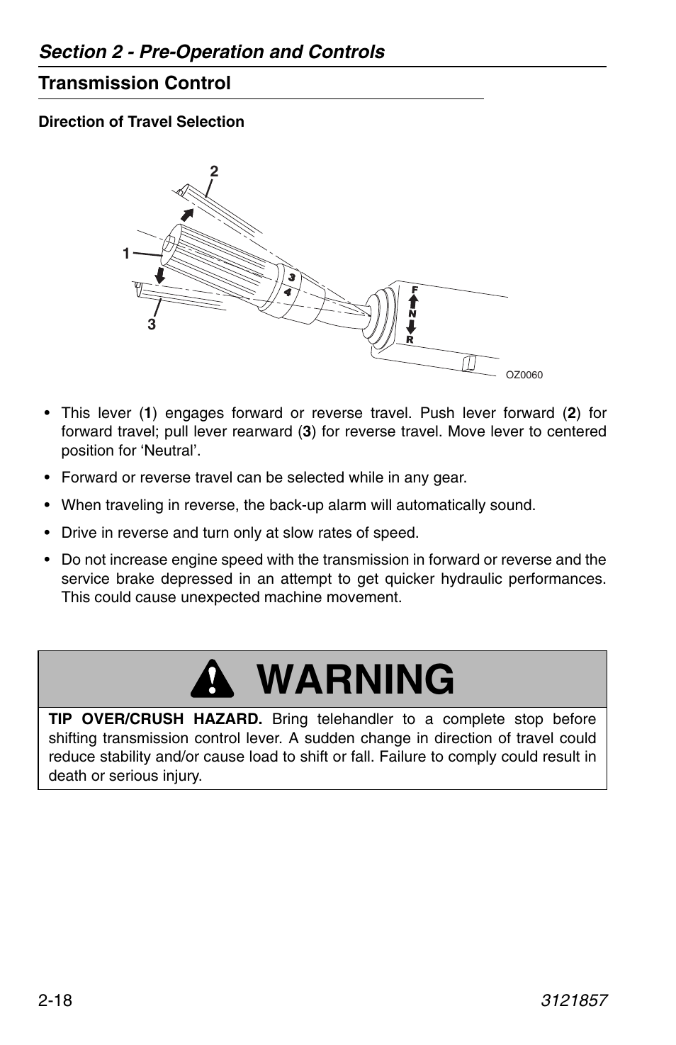 Transmission control, Transmission control -18, Warning | JLG 4017 Operator Manual User Manual | Page 42 / 120