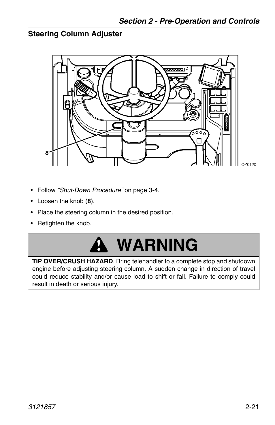 Steering column adjuster, Steering column adjuster -21, Warning | JLG 4017 Operator Manual User Manual | Page 45 / 120