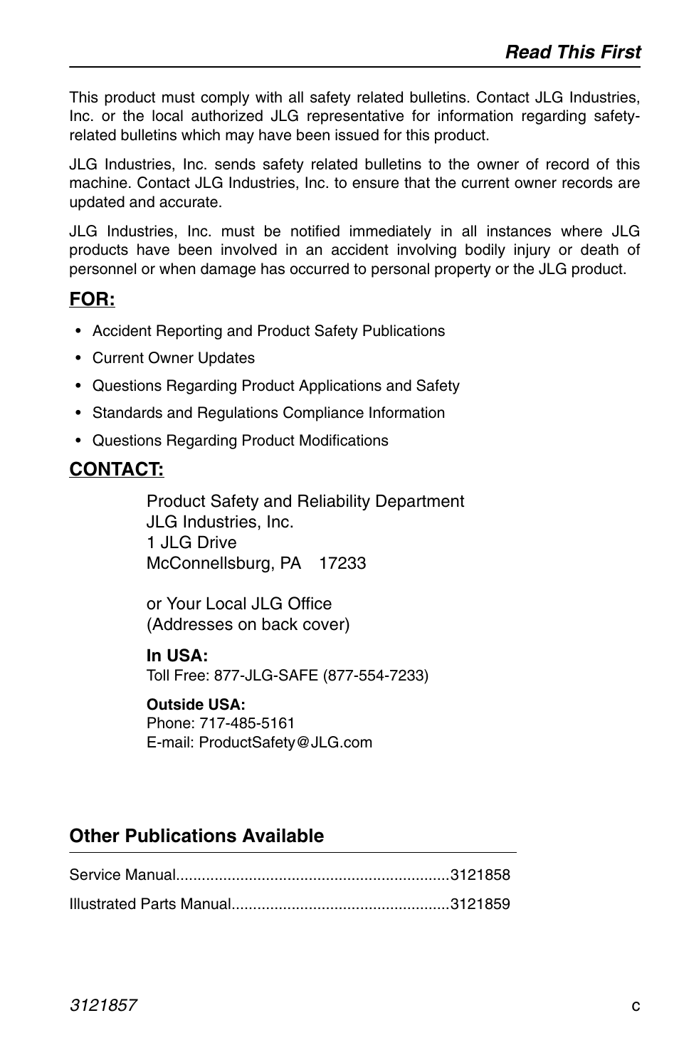 Read this first, Contact, Other publications available | JLG 4017 Operator Manual User Manual | Page 5 / 120