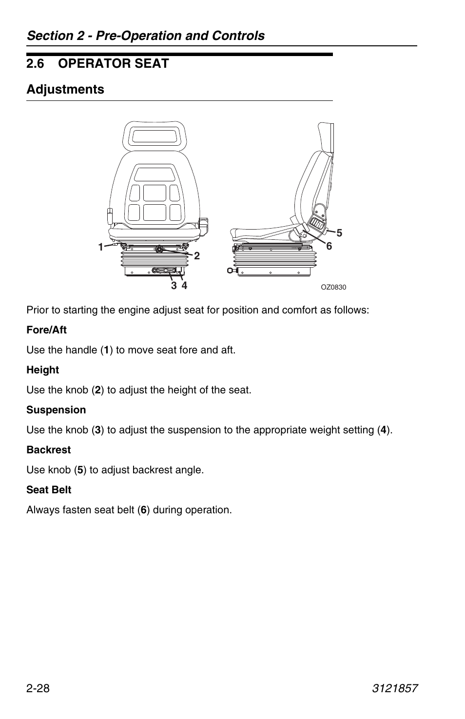 6 operator seat, Adjustments, 6 operator seat -28 | Adjustments -28, 6 operator seat adjustments | JLG 4017 Operator Manual User Manual | Page 52 / 120