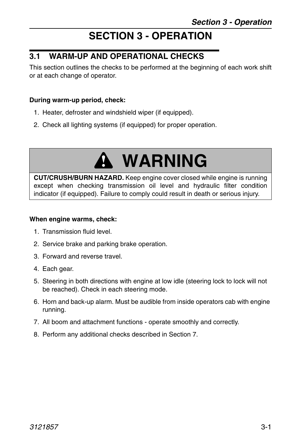 Section 3 - operation, 1 warm-up and operational checks, 1 warm-up and operational checks -1 | Warning | JLG 4017 Operator Manual User Manual | Page 57 / 120