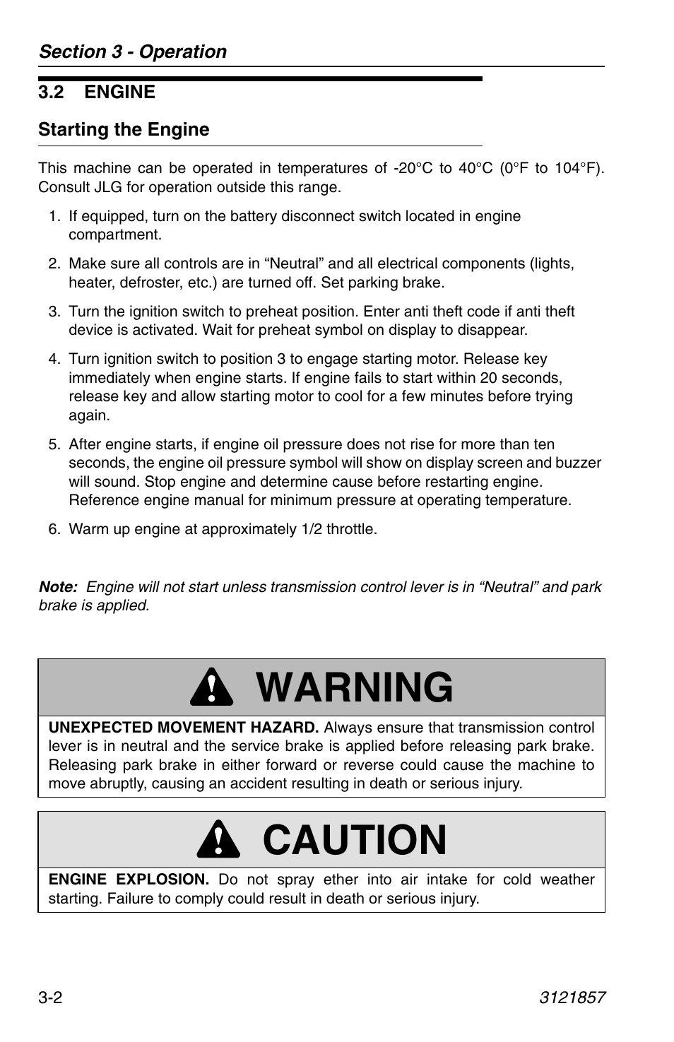 2 engine, Starting the engine, 2 engine -2 | Starting the engine -2, Warning, Caution | JLG 4017 Operator Manual User Manual | Page 58 / 120