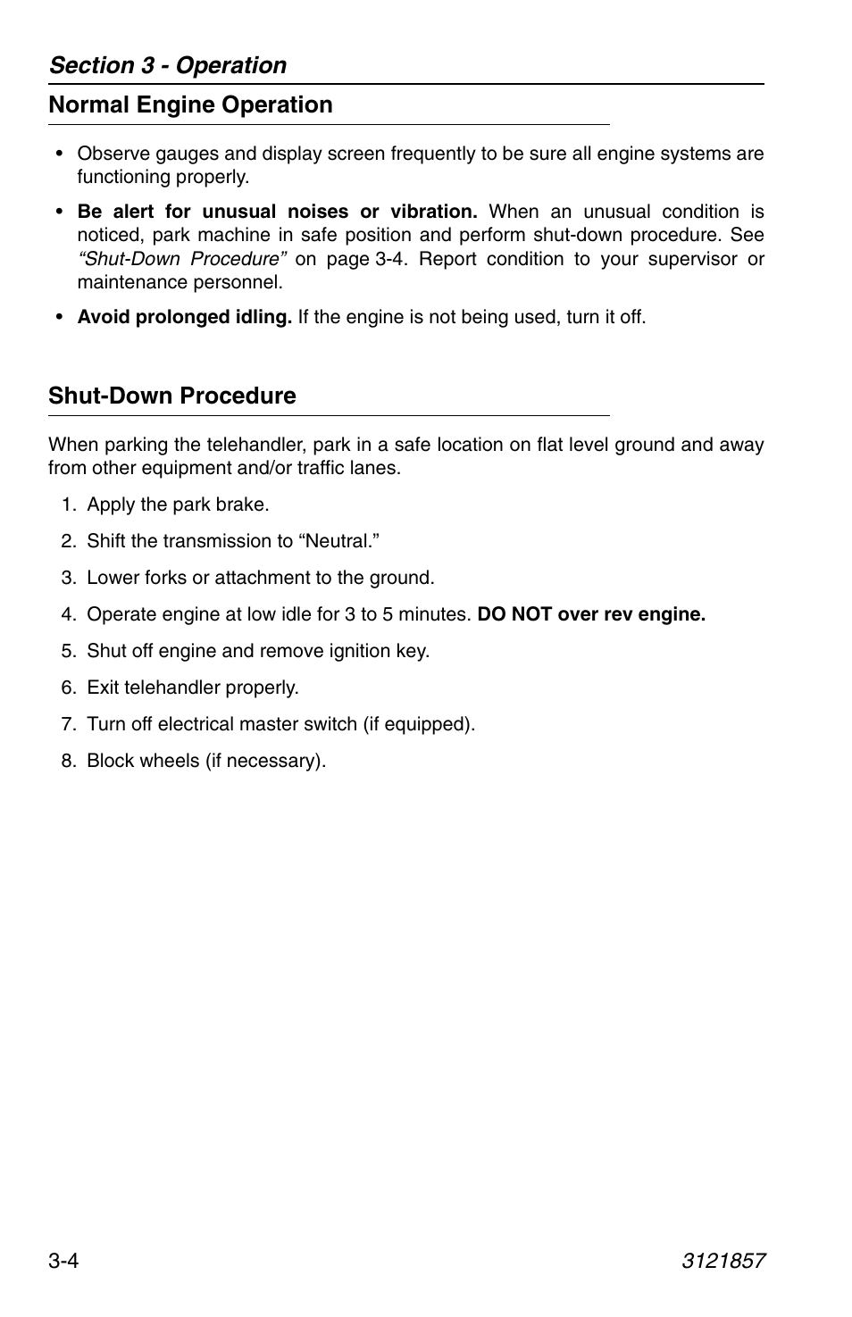 Normal engine operation, Shut-down procedure, Normal engine operation -4 shut-down procedure -4 | JLG 4017 Operator Manual User Manual | Page 60 / 120