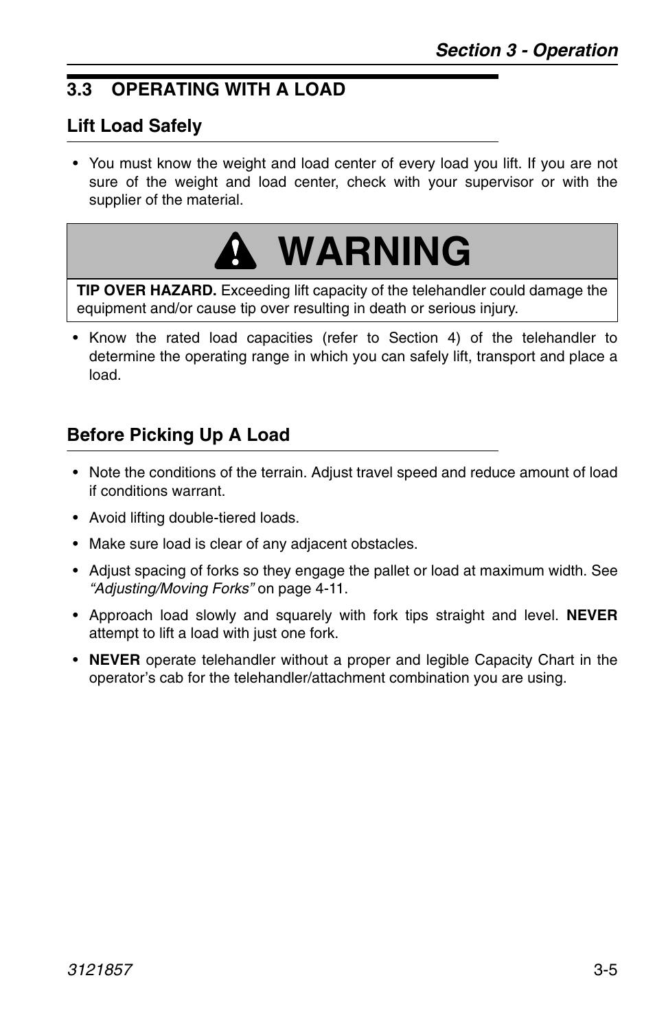3 operating with a load, Lift load safely, Before picking up a load | 3 operating with a load -5, Lift load safely -5 before picking up a load -5, Warning | JLG 4017 Operator Manual User Manual | Page 61 / 120