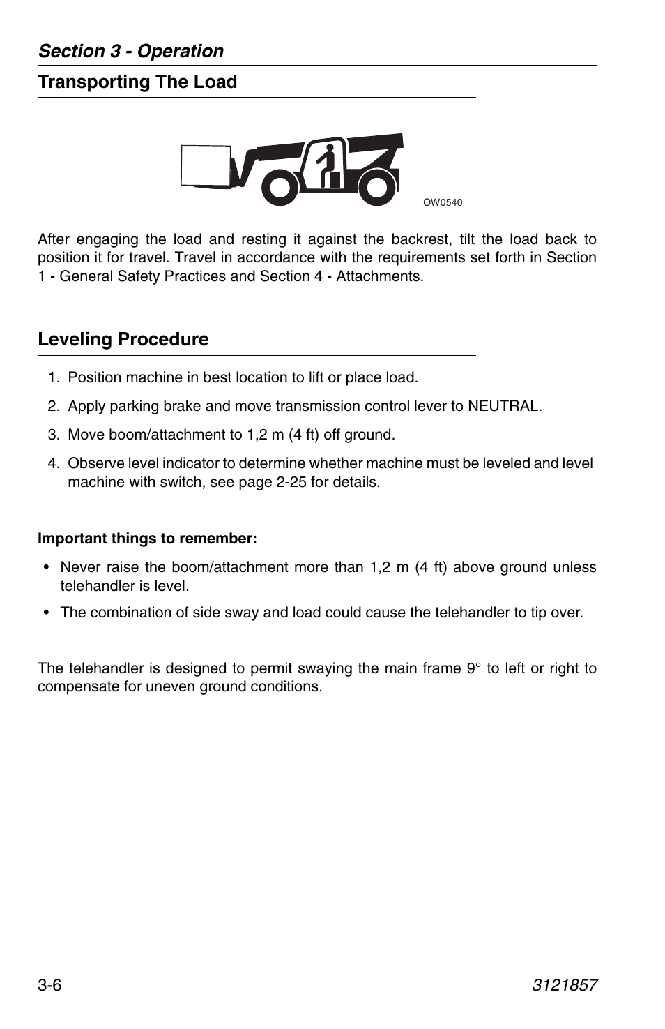 Transporting the load, Leveling procedure, Transporting the load -6 leveling procedure -6 | JLG 4017 Operator Manual User Manual | Page 62 / 120