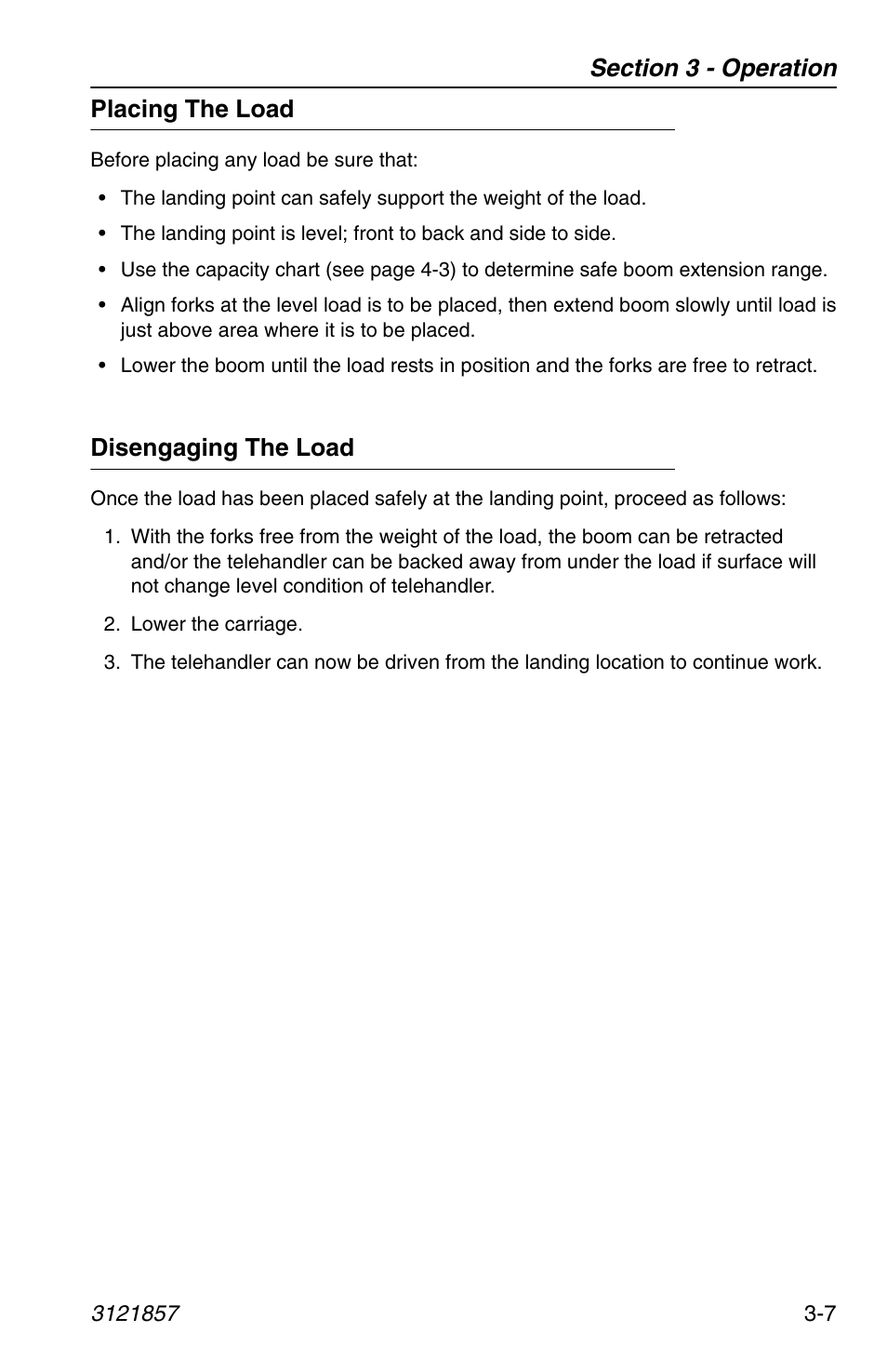 Placing the load, Disengaging the load, Placing the load -7 disengaging the load -7 | JLG 4017 Operator Manual User Manual | Page 63 / 120