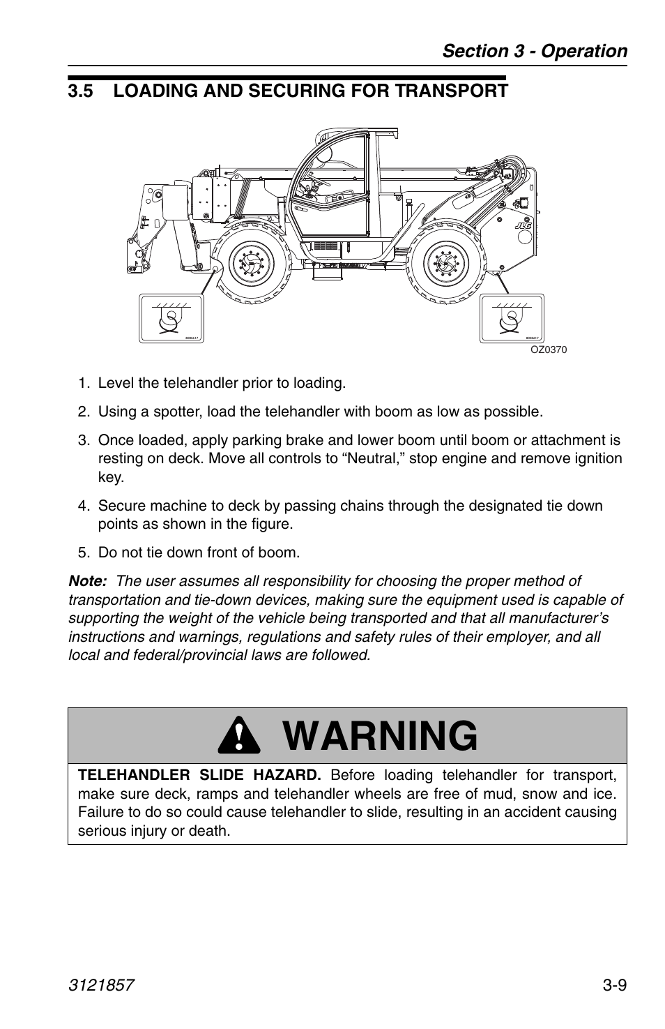 5 loading and securing for transport, 5 loading and securing for transport -9, Warning | JLG 4017 Operator Manual User Manual | Page 65 / 120