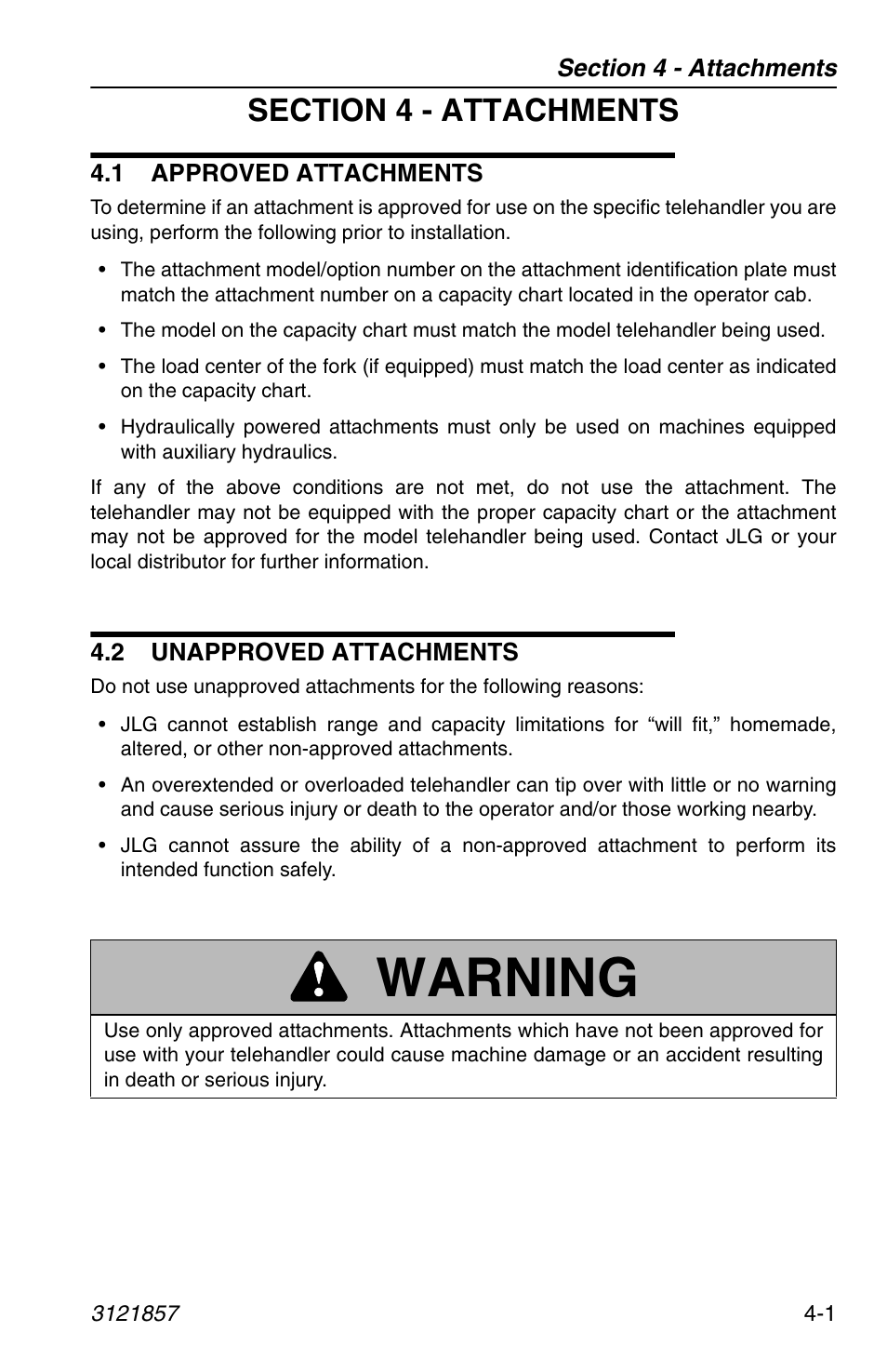 Section 4 - attachments, 1 approved attachments, 2 unapproved attachments | E section 4 - attachments, Warning | JLG 4017 Operator Manual User Manual | Page 67 / 120