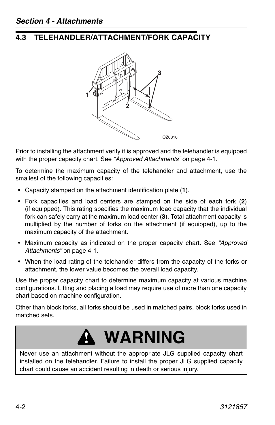 3 telehandler/attachment/fork capacity, 3 telehandler/attachment/fork capacity -2, Warning | JLG 4017 Operator Manual User Manual | Page 68 / 120