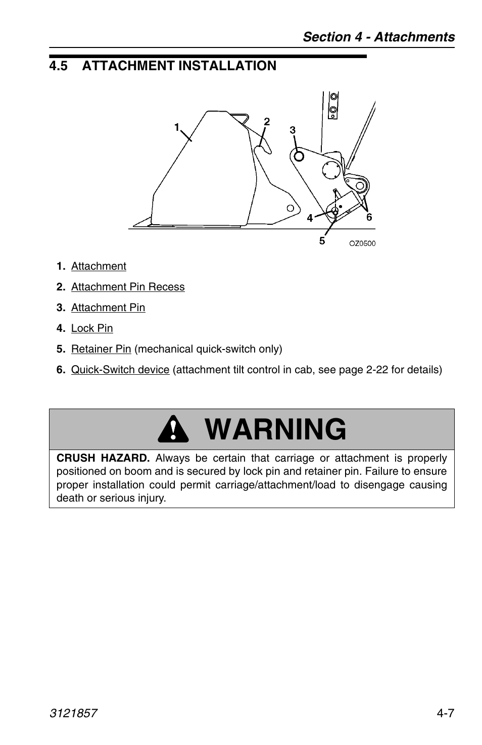 5 attachment installation, 5 attachment installation -7, Warning | JLG 4017 Operator Manual User Manual | Page 73 / 120