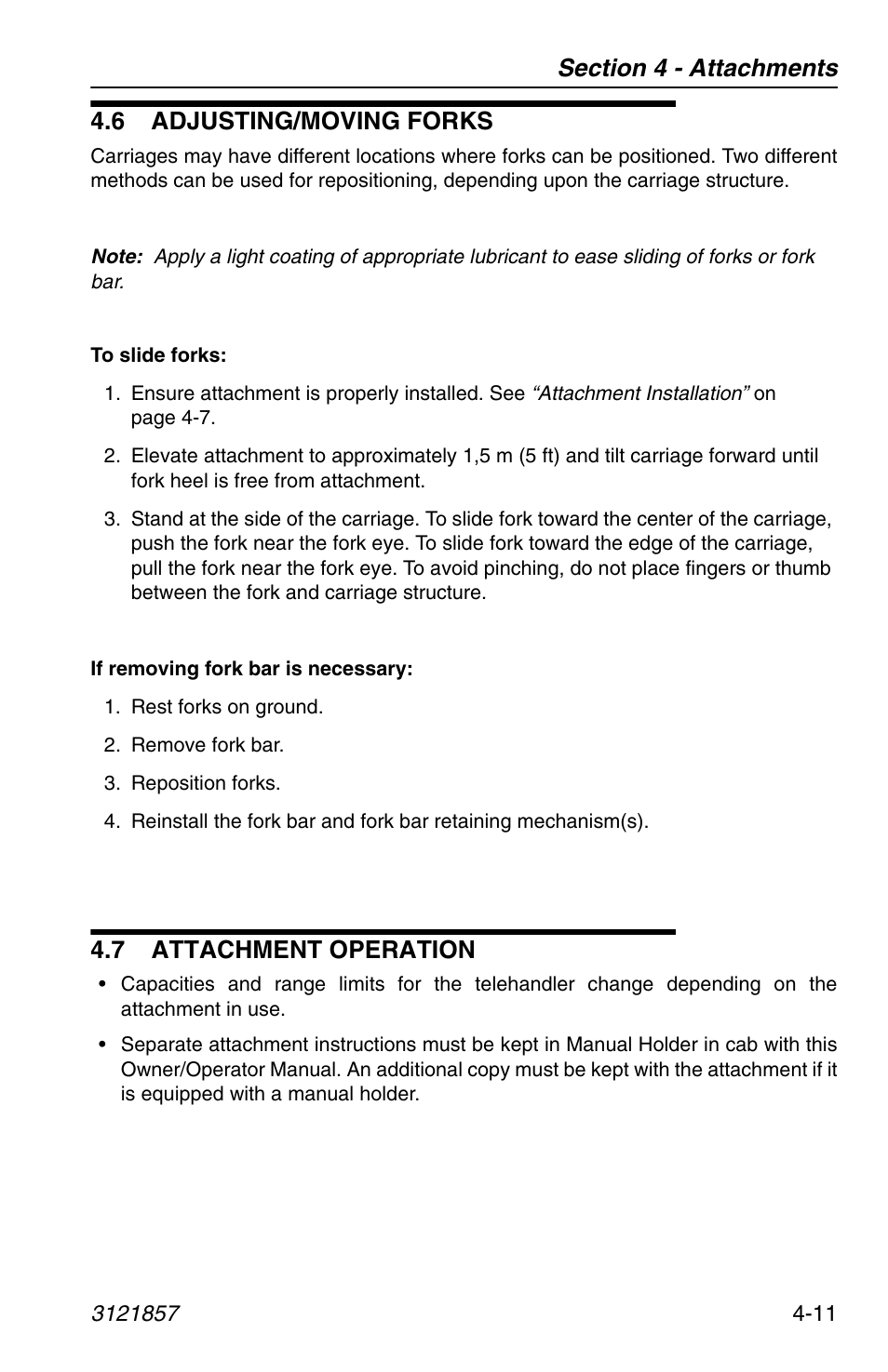 6 adjusting/moving forks, 7 attachment operation | JLG 4017 Operator Manual User Manual | Page 77 / 120