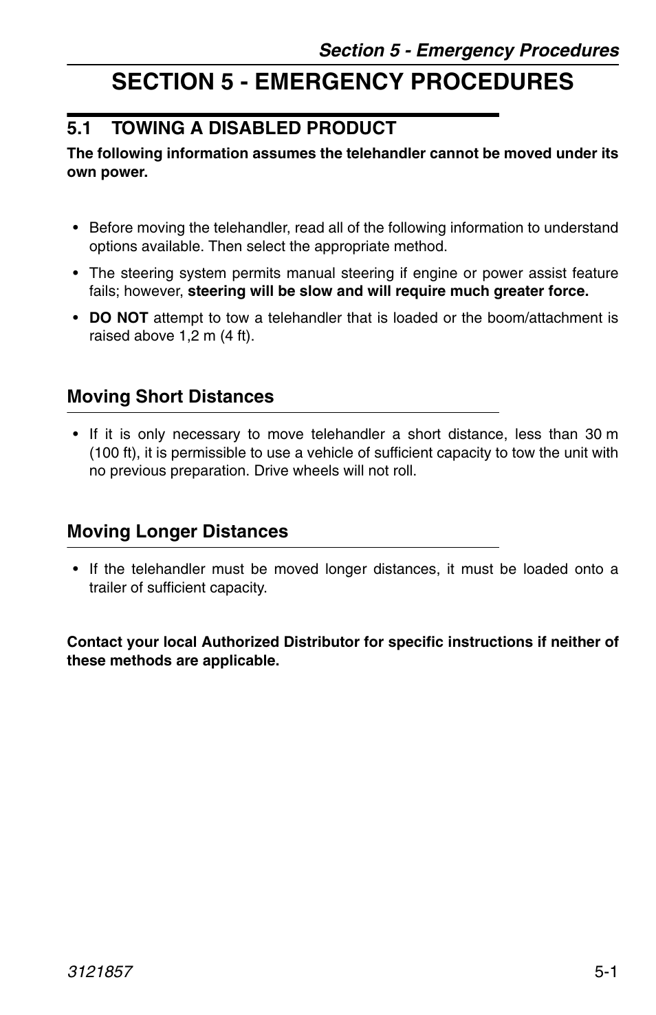 Section 5 - emergency procedures, 1 towing a disabled product, Moving short distances | Moving longer distances, 1 towing a disabled product -1, Moving short distances -1, Moving longer distances -1 | JLG 4017 Operator Manual User Manual | Page 87 / 120
