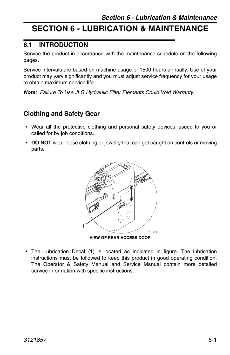 Section 6 - lubrication & maintenance, 1 introduction, Clothing and safety gear | 1 introduction -1, Clothing and safety gear -1 | JLG 4017 Operator Manual User Manual | Page 93 / 120