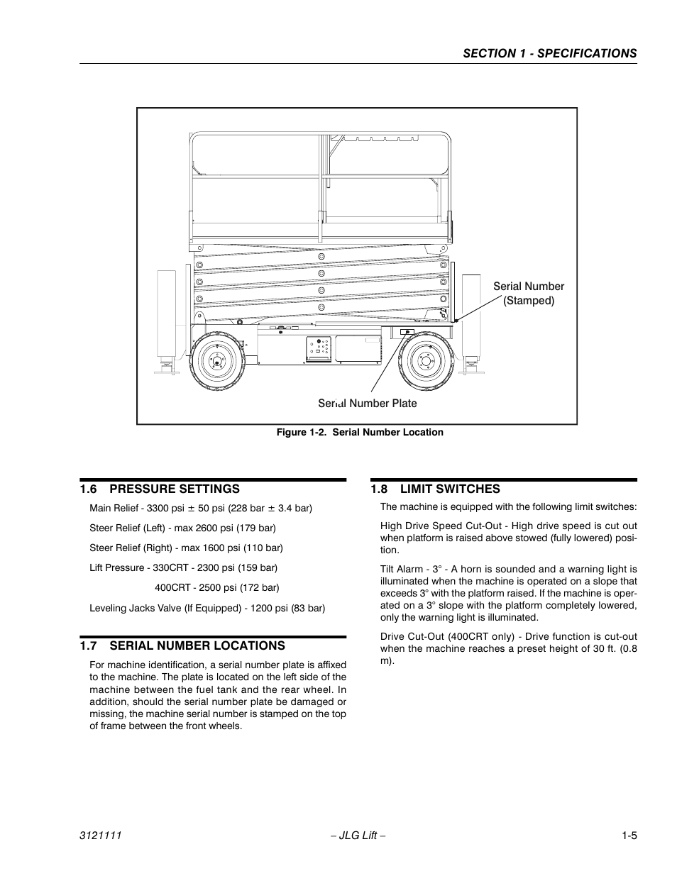 6 pressure settings, 7 serial number locations, 8 limit switches | Pressure settings -5, Serial number locations -5, Limit switches -5, Serial number location -5 | JLG 400CRT ANSI Service Manual User Manual | Page 13 / 58