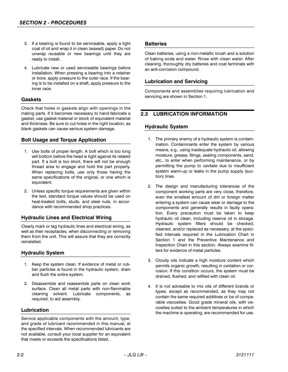 Gaskets, Bolt usage and torque application, Hydraulic lines and electrical wiring | Hydraulic system, Lubrication, Batteries, Lubrication and servicing, 3 lubrication information, Lubrication information -2 | JLG 400CRT ANSI Service Manual User Manual | Page 16 / 58