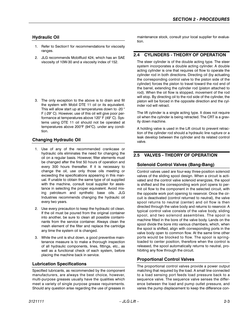 Hydraulic oil, Changing hydraulic oil, Lubrication specifications | 4 cylinders - theory of operation, 5 valves - theory of operation, Solenoid control valves (bang-bang), Proportional control valves, Cylinders - theory of operation -3, Valves - theory of operation -3 | JLG 400CRT ANSI Service Manual User Manual | Page 17 / 58