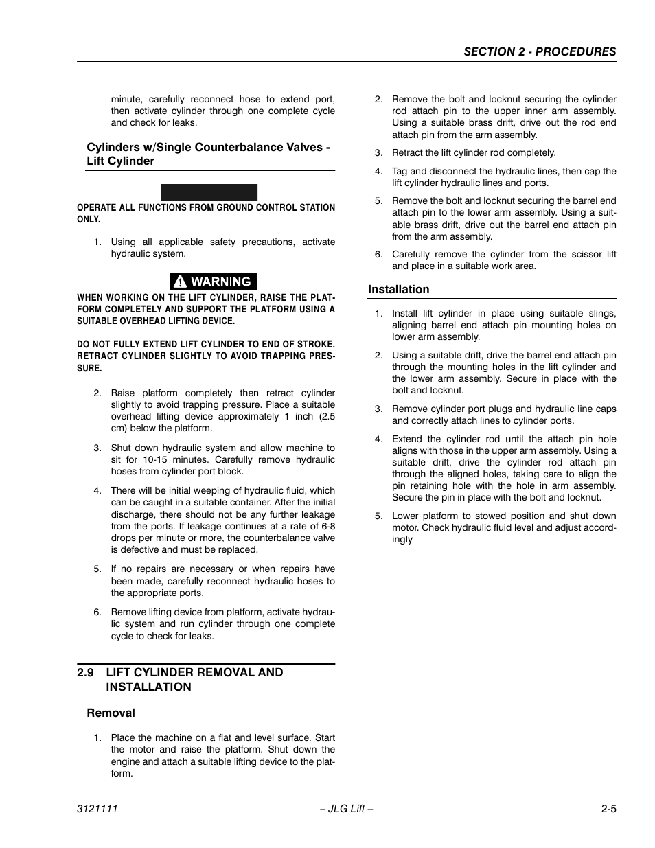 9 lift cylinder removal and installation, Removal, Installation | Lift cylinder removal and installation -5, Important | JLG 400CRT ANSI Service Manual User Manual | Page 19 / 58