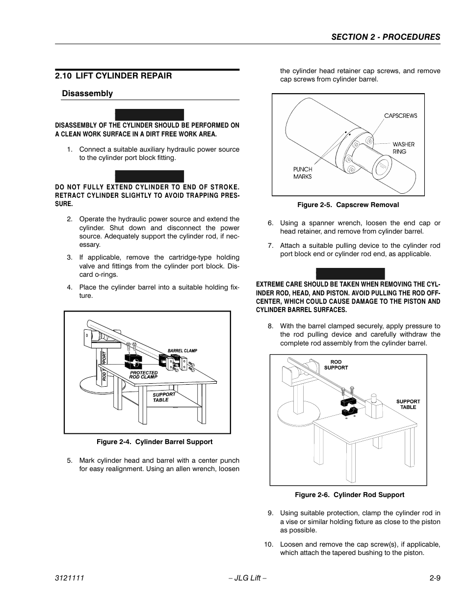 10 lift cylinder repair, Disassembly, Lift cylinder repair -9 | Cylinder barrel support -9, Capscrew removal -9, Cylinder rod support -9, Important | JLG 400CRT ANSI Service Manual User Manual | Page 23 / 58
