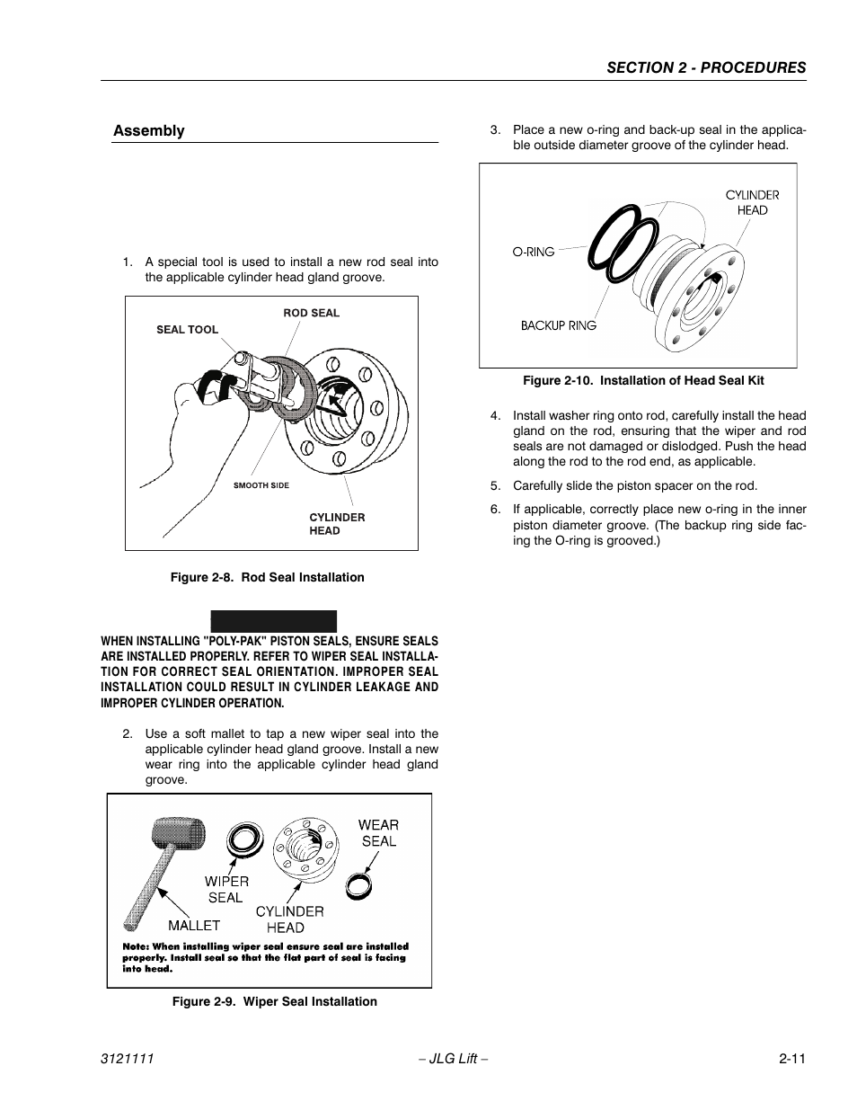Assembly, Rod seal installation -11, Wiper seal installation -11 | Installation of head seal kit -11, Important | JLG 400CRT ANSI Service Manual User Manual | Page 25 / 58