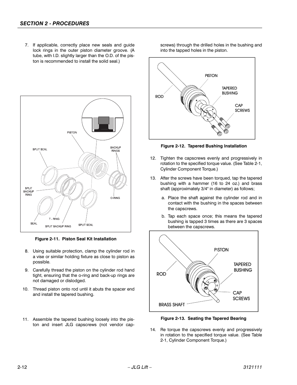 Piston seal kit installation -12, Tapered bushing installation -12, Seating the tapered bearing -12 | JLG 400CRT ANSI Service Manual User Manual | Page 26 / 58