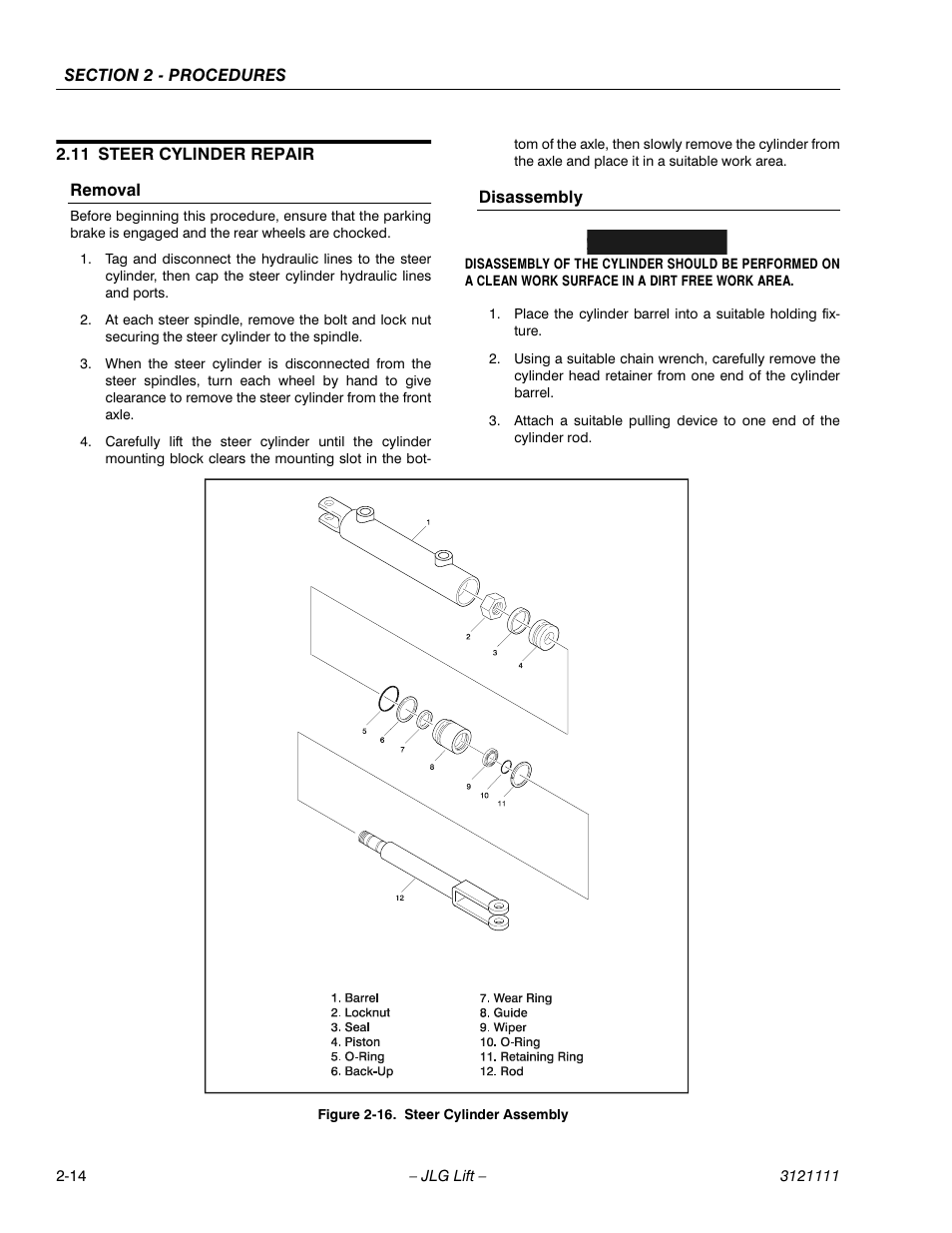 11 steer cylinder repair, Removal, Disassembly | Steer cylinder repair -14, Steer cylinder assembly -14, Important | JLG 400CRT ANSI Service Manual User Manual | Page 28 / 58