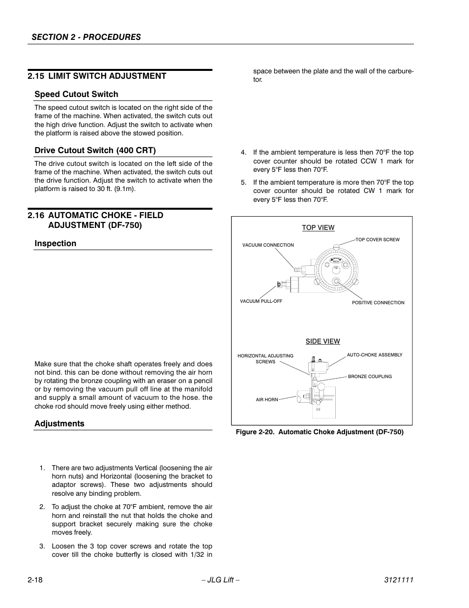 15 limit switch adjustment, Speed cutout switch, Drive cutout switch (400 crt) | 16 automatic choke - field adjustment (df-750), Inspection, Adjustments, Limit switch adjustment -18, Automatic choke - field adjustment (df-750) -18, Automatic choke adjustment (df-750) -18, 15 limit switch adjustment speed cutout switch | JLG 400CRT ANSI Service Manual User Manual | Page 32 / 58