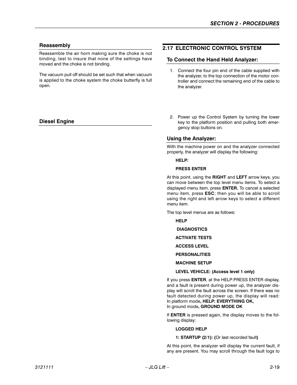 Reassembly, Diesel engine, 17 electronic control system | To connect the hand held analyzer, Using the analyzer, Electronic control system -19 | JLG 400CRT ANSI Service Manual User Manual | Page 33 / 58