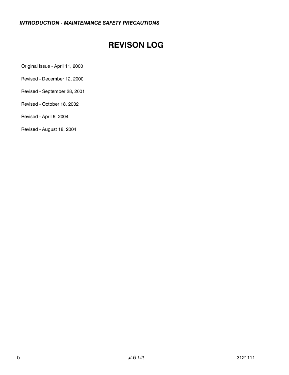 Revison log | JLG 400CRT ANSI Service Manual User Manual | Page 4 / 58