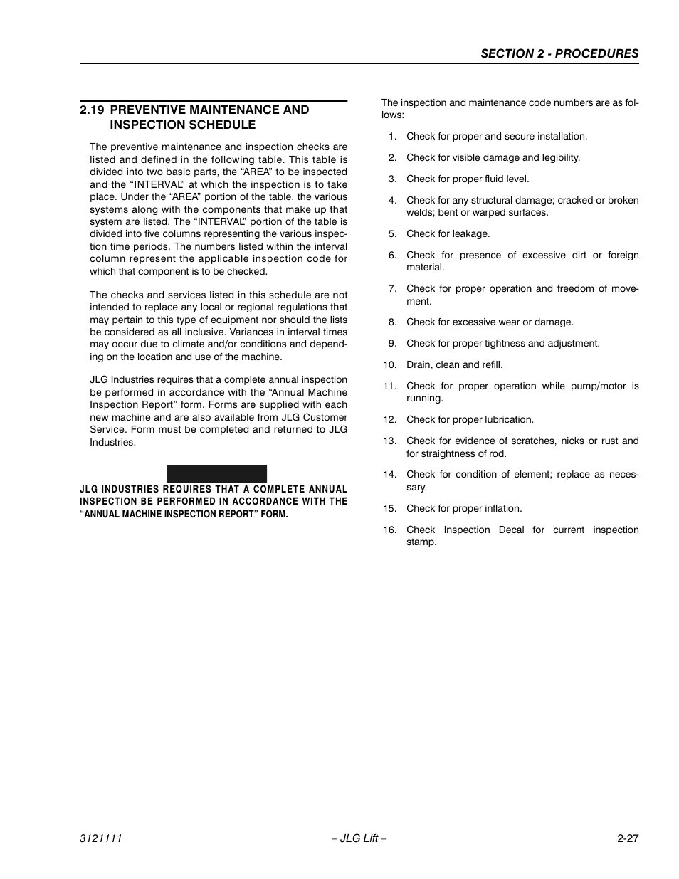 19 preventive maintenance and inspection schedule, Preventive maintenance and inspection schedule -27, Important | JLG 400CRT ANSI Service Manual User Manual | Page 41 / 58