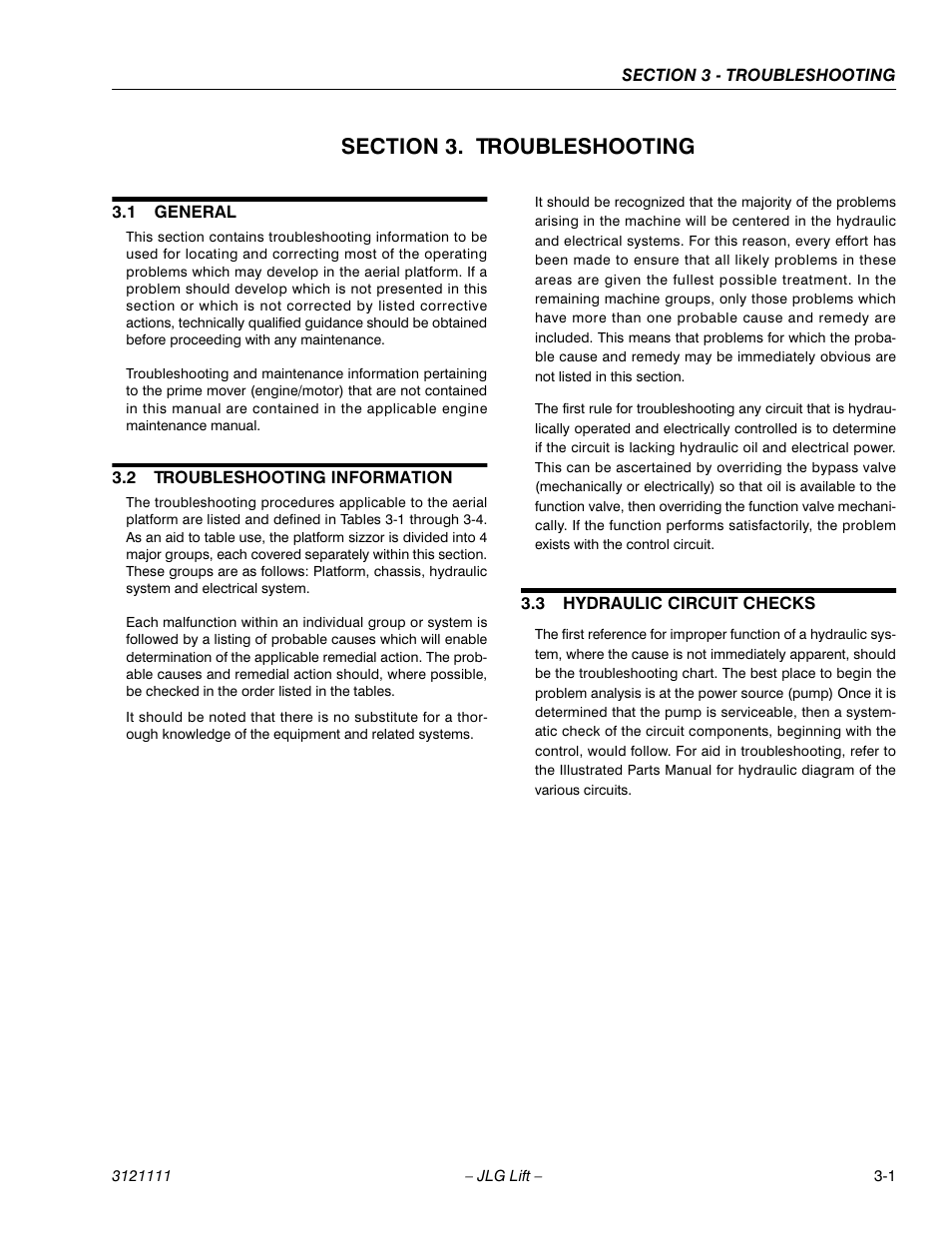 Section 3. troubleshooting, 1 general, 2 troubleshooting information | 3 hydraulic circuit checks, Section 3 - troubleshooting, General -1, Troubleshooting information -1, Hydraulic circuit checks -1 | JLG 400CRT ANSI Service Manual User Manual | Page 43 / 58