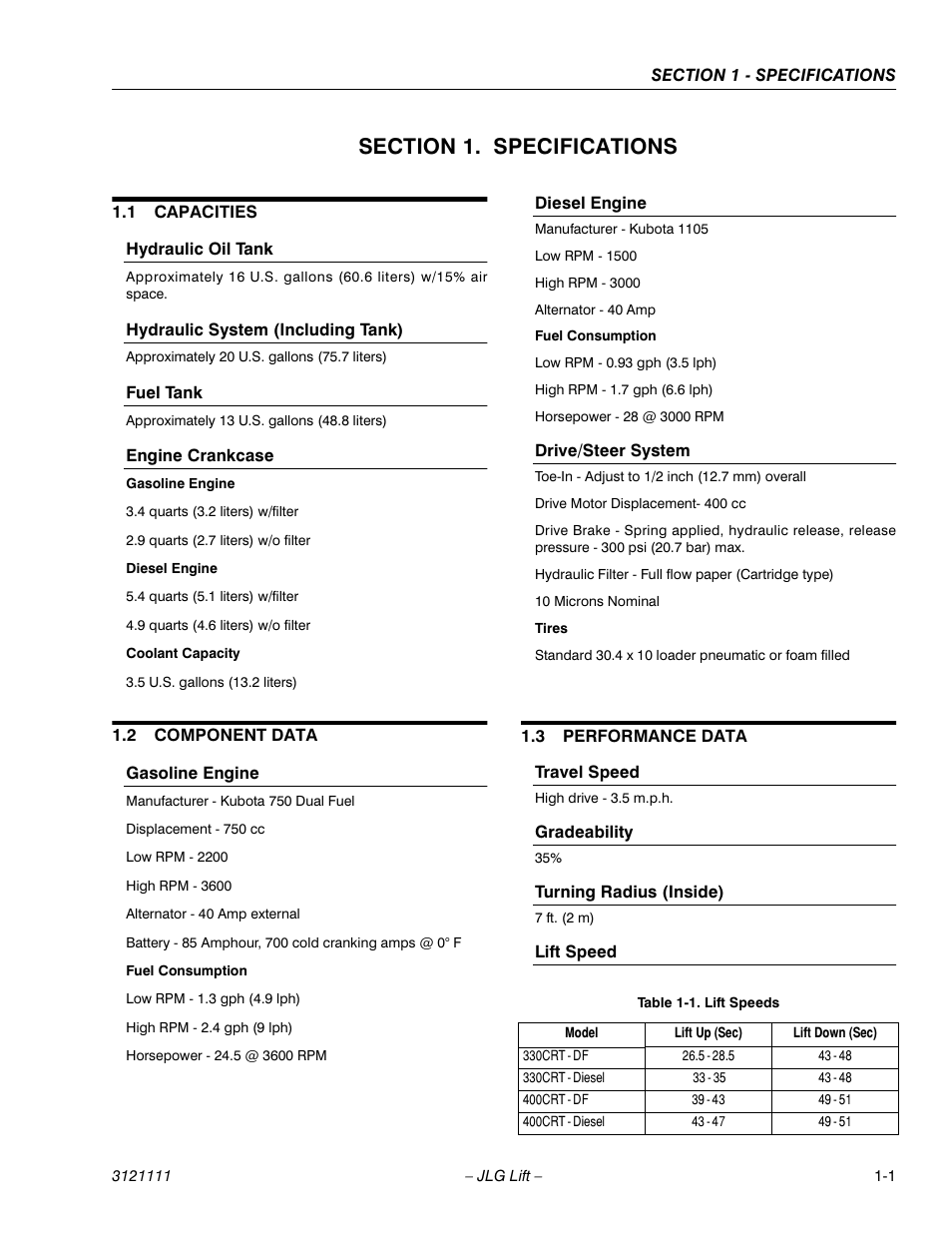 Section 1. specifications, 1 capacities, Hydraulic oil tank | Hydraulic system (including tank), Fuel tank, Engine crankcase, 2 component data, Gasoline engine, Diesel engine, Drive/steer system | JLG 400CRT ANSI Service Manual User Manual | Page 9 / 58