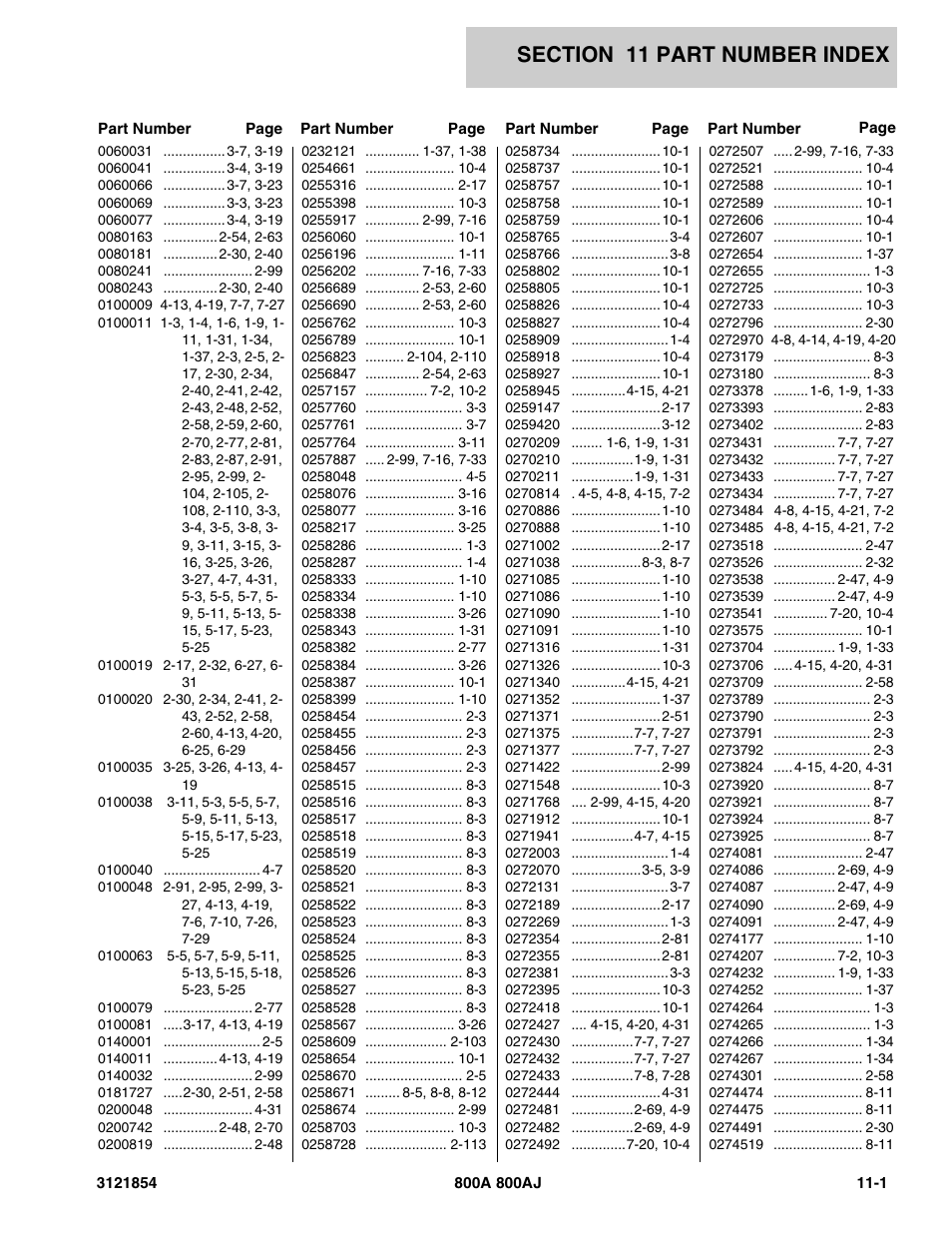 Section 11 part number index, 11 - part number index -1 | JLG 800A_AJ Parts Manual User Manual | Page 335 / 350