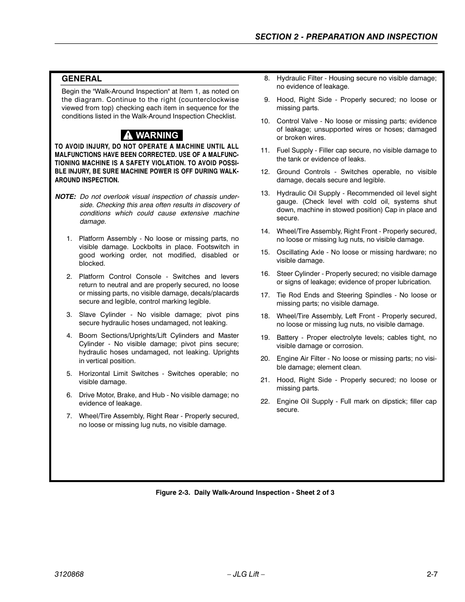 Daily walk-around inspection - sheet 2 of 3 -7 | JLG 450AJ Operator Manual User Manual | Page 23 / 68