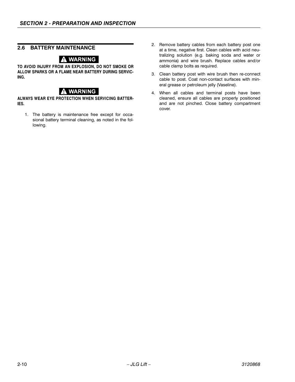 6 battery maintenance, Battery maintenance -10 | JLG 450AJ Operator Manual User Manual | Page 26 / 68