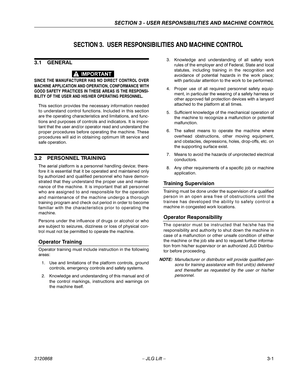 1 general, 2 personnel training, General -1 | Personnel training -1 | JLG 450AJ Operator Manual User Manual | Page 31 / 68