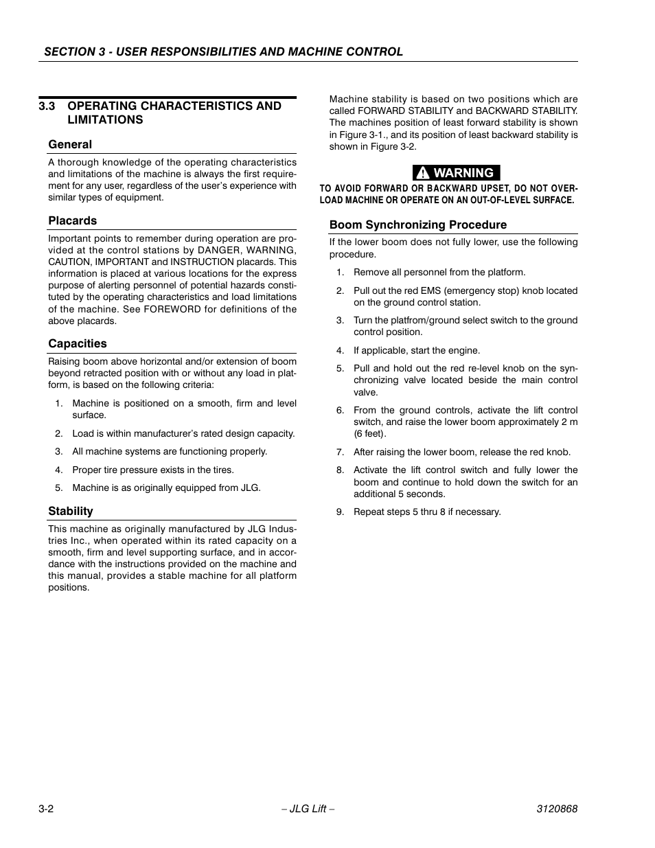 3 operating characteristics and limitations, Operating characteristics and limitations -2 | JLG 450AJ Operator Manual User Manual | Page 32 / 68