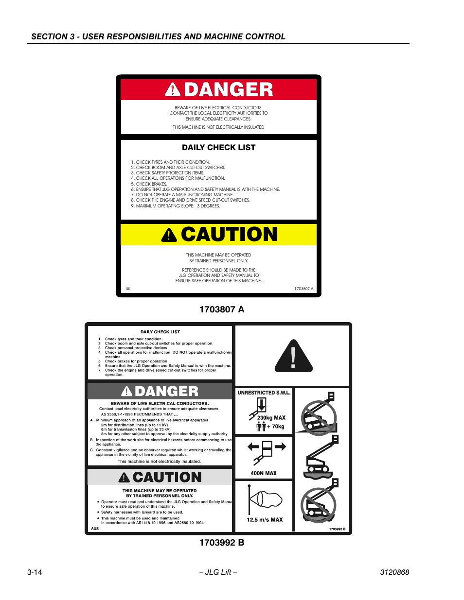 Danger, Caution | JLG 450AJ Operator Manual User Manual | Page 44 / 68