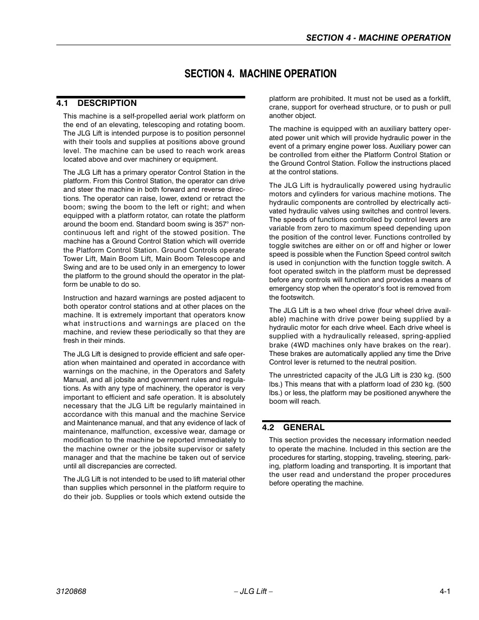Section 4. machine operation, 1 description, 2 general | Section 4 - machine operation, Description -1, General -1 | JLG 450AJ Operator Manual User Manual | Page 47 / 68