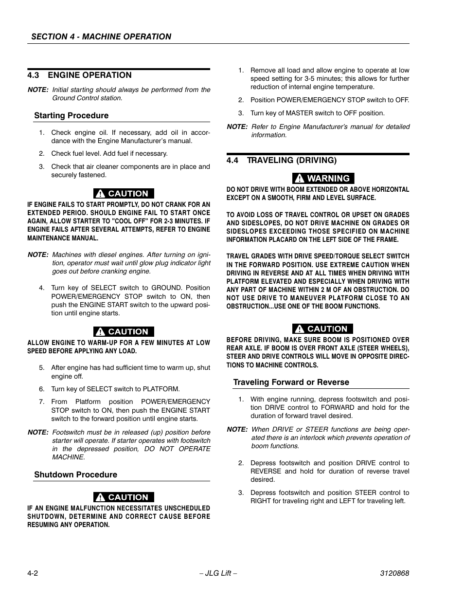 3 engine operation, 4 traveling (driving), Engine operation -2 | Traveling (driving) -2 | JLG 450AJ Operator Manual User Manual | Page 48 / 68