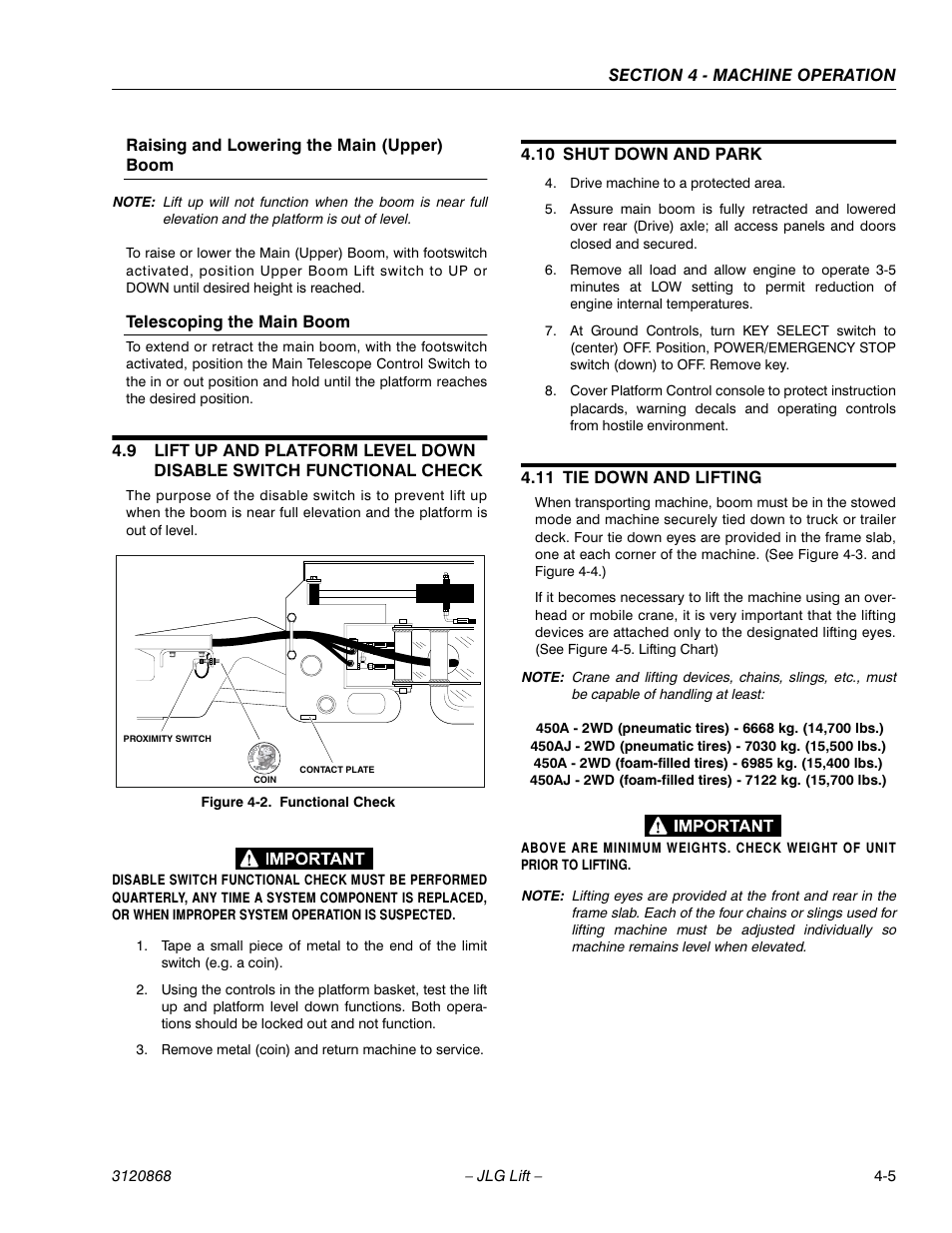 10 shut down and park, 11 tie down and lifting, Shut down and park -5 | Tie down and lifting -5, Functional check -5 | JLG 450AJ Operator Manual User Manual | Page 51 / 68