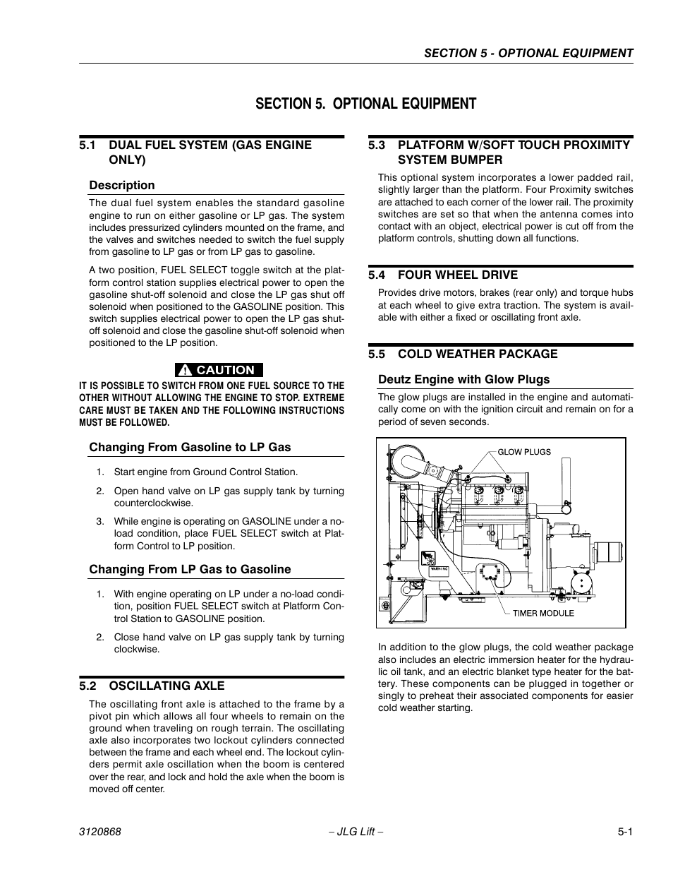 Section 5. optional equipment, 1 dual fuel system (gas engine only), 2 oscillating axle | 3 platform w/soft touch proximity system bumper, 4 four wheel drive, 5 cold weather package, Section 5 - optional equipment, Dual fuel system (gas engine only) -1, Oscillating axle -1, Platform w/soft touch proximity system bumper -1 | JLG 450AJ Operator Manual User Manual | Page 57 / 68