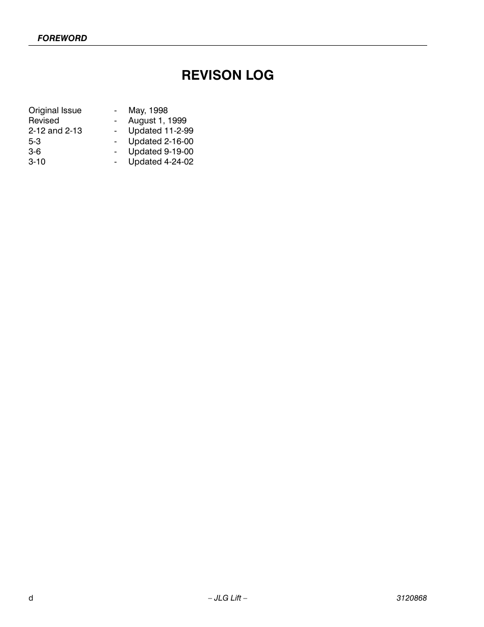 Revison log | JLG 450AJ Operator Manual User Manual | Page 6 / 68