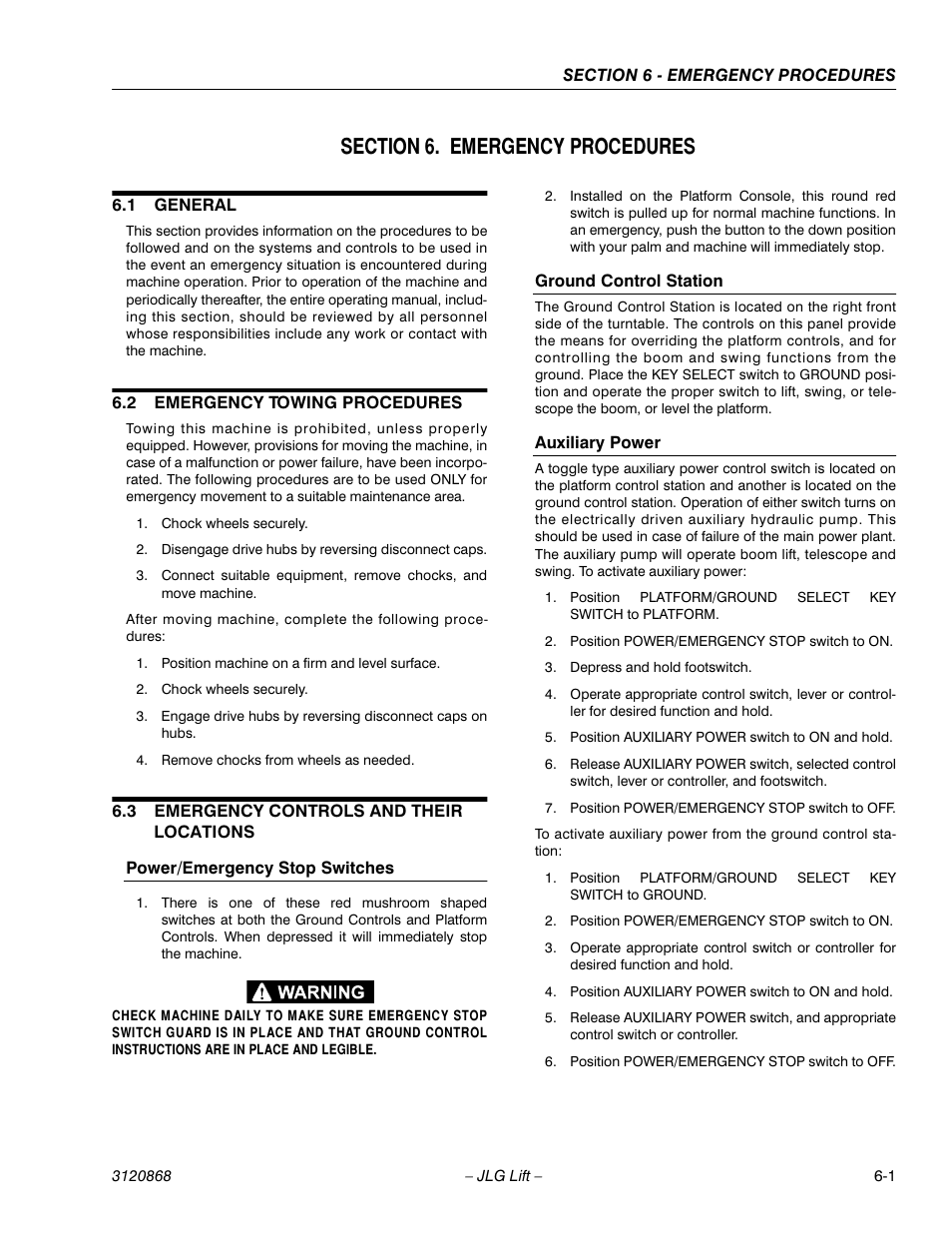 Section 6. emergency procedures, 1 general, 2 emergency towing procedures | 3 emergency controls and their locations, Section 6 - emergency procedures, General -1, Emergency towing procedures -1, Emergency controls and their locations -1 | JLG 450AJ Operator Manual User Manual | Page 61 / 68